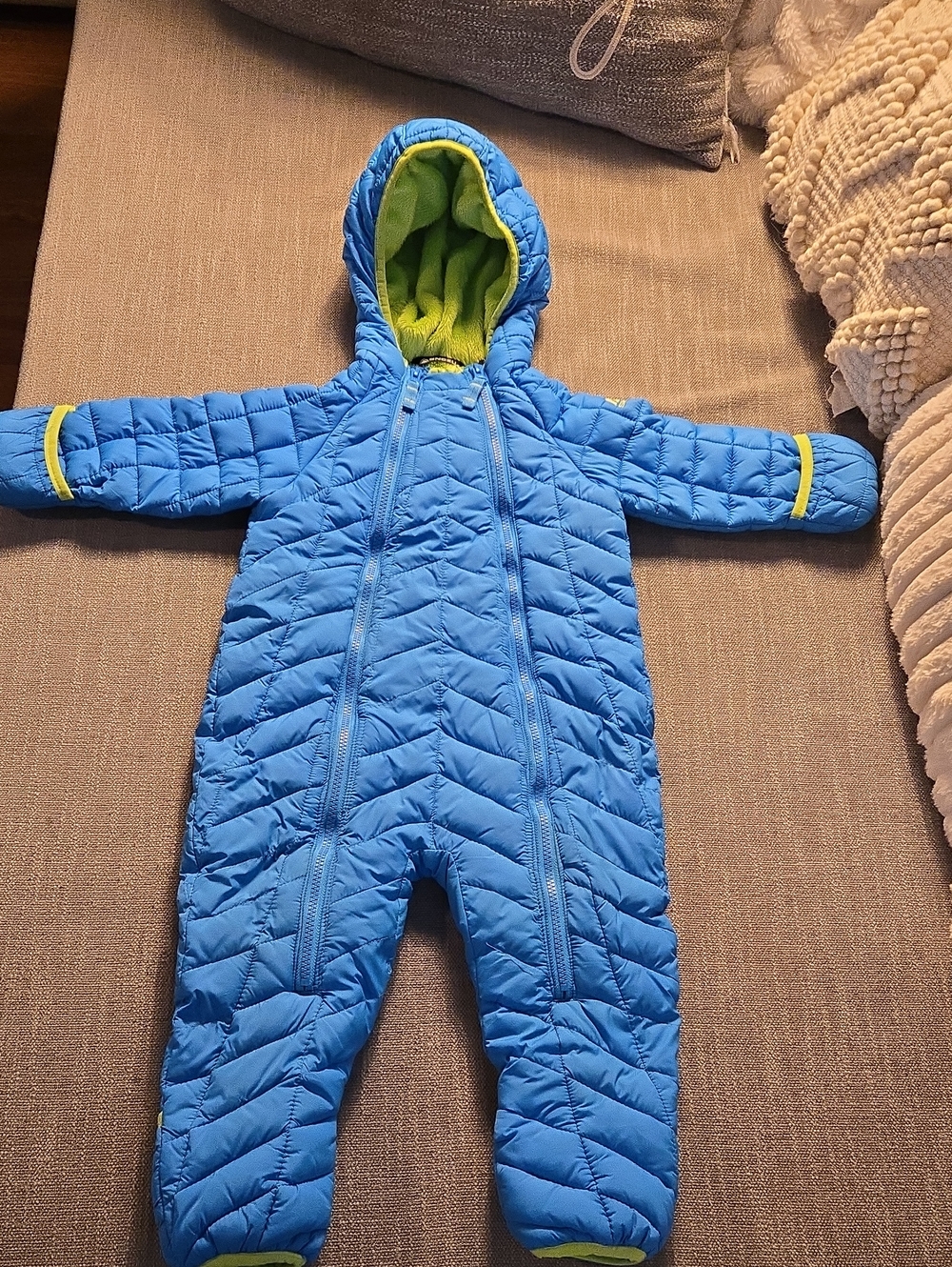 Snozu Blue One-Piece Quilted Snowsuit with Lime Trim